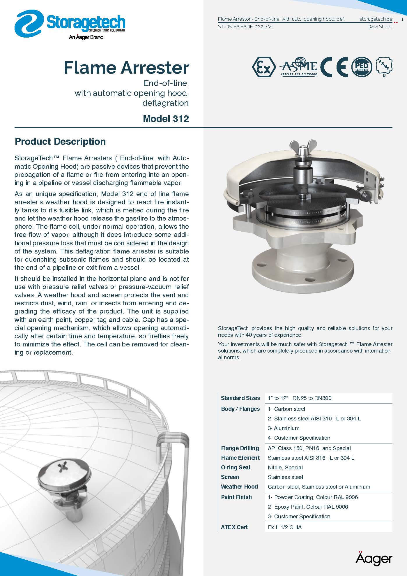 End-of-line, with Automatic Opening Hood, Deflagration Flame Arrestor 15