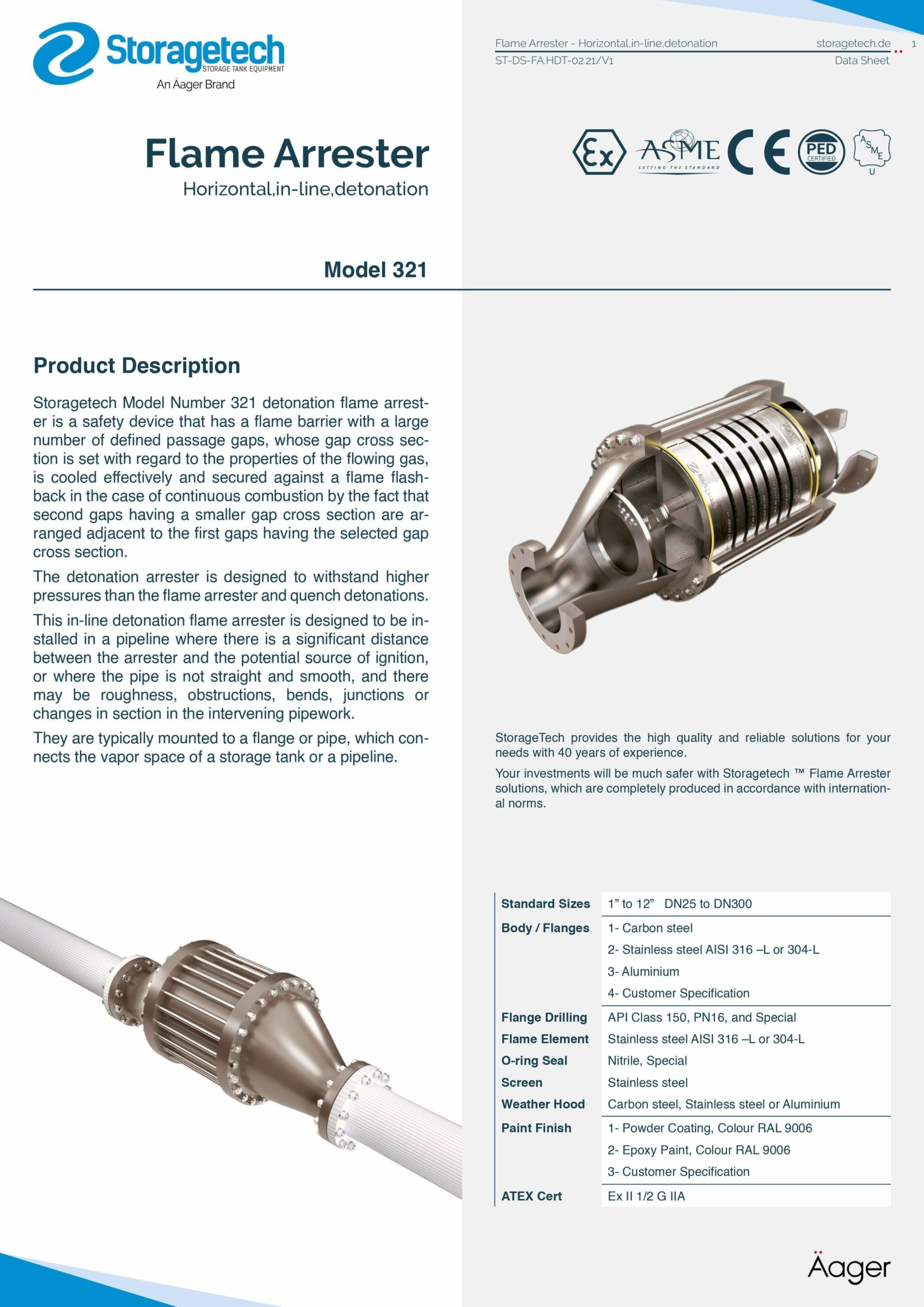 Horizontal, in-line, detonation flame arrestor 15