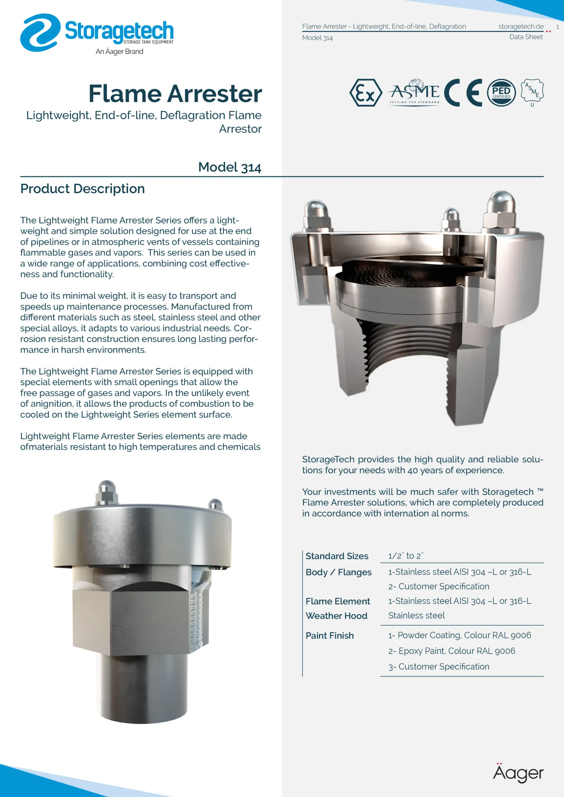 Lightweight, End-of-line, Deflagration Flame Arrestor 15